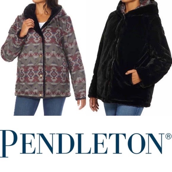 NEW ❄️ Pendleton Women Print Reversible Faux Fur Hooded Winter Coat Jacket Black - Picture 16 of 16